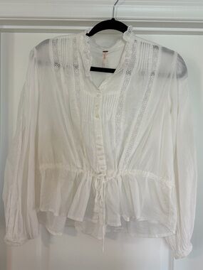 Free People Cream Lace-Trim Peplum Button Blouse